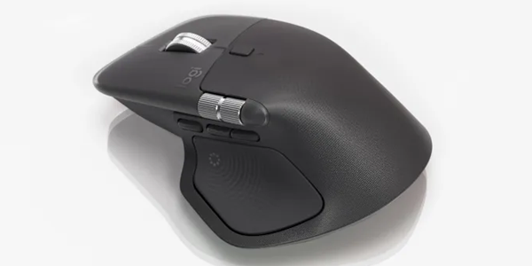 Rear side angle of MX Master 4 mouse showcasing its ergnomic design.