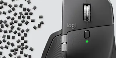 MX Master 4 mouse aside plastic pieces to highlight economic design.