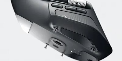 Bottom angle of MX Master 4 mouse with screws entering the bottom to highlight recyclable design.
