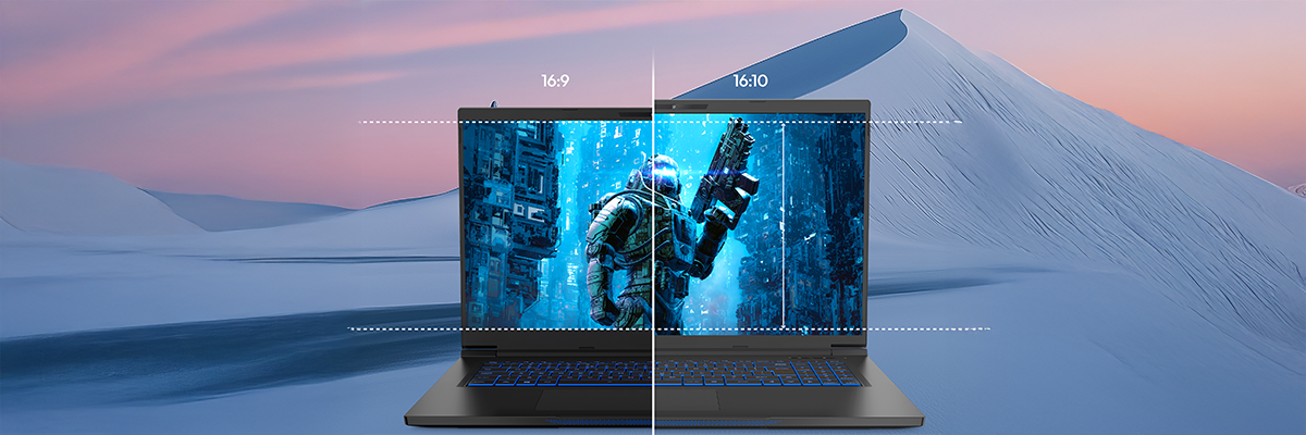 Front open laptop with dotted lines, comparing its 16:10 ratio with a 16:9. Futuristic soldier on-screen. Snowy mountain background behind laptop.