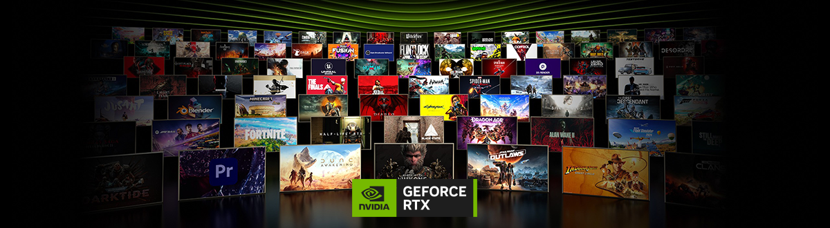 NVIDIA GeForce RTX Logo in front of multiple rows of box art video game titles.