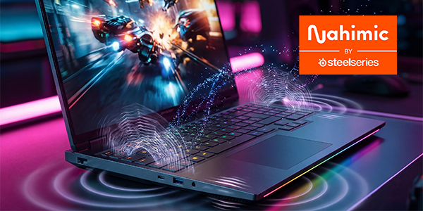 Audio waves illustrated around the laptop speakers with Nahimic by steelseries logo overlaying the top right corner.