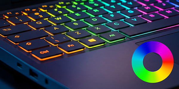 Per-key backlit RGB keyboard with colour wheel overlaid at the bottom right.