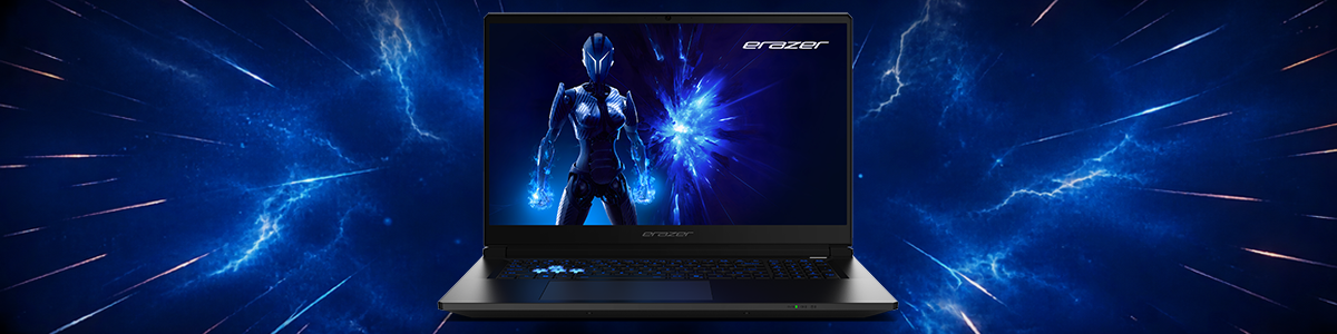 ERAZER Defender 17 P10 laptop with cybernetic soldier on screen. Dark blue electrical atmospheric background, flying stars passing outwards.
