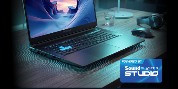 Laptop on a desk with concentric audio waves radiating from beneath it, with Sound Blaster Studio branding in the lower right.