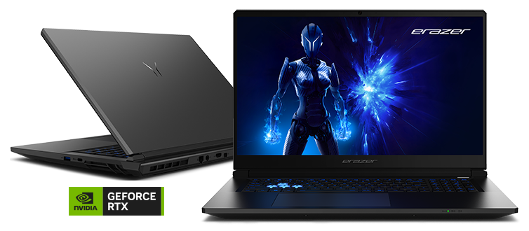 Front and rear side of ERAZER Defender 17 P10 Gaming Laptop with blue cybernetic soldier on screen.
