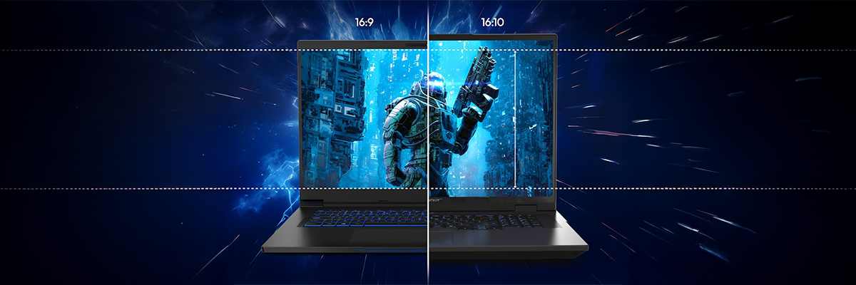Front open laptop with dotted lines, comparing its 16:10 ratio with a 16:9. Futuristic soldier on-screen. Snowy mountain background behind laptop.