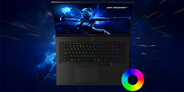 Per-key backlit RGB keyboard with colour wheel overlaid at the bottom right.