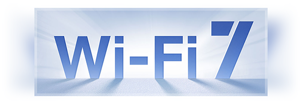 WiFi 7 text illustrated on a horizontal blue ambient platform.