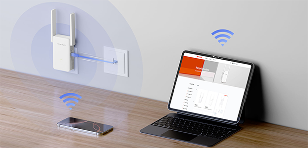 ME80X range extender plugged into wall, connected to ethernet outlet, emitting wireless signal to nearby devices