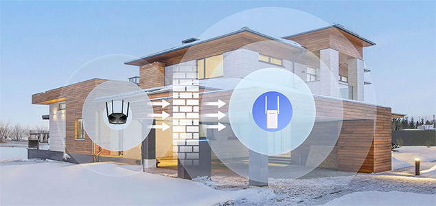 Illustration of a modern home showing a router at the back and an access point at the front, with overlapping pulsating wireless zones demonstrating extended whole-home connectivity and seamless internet coverage.