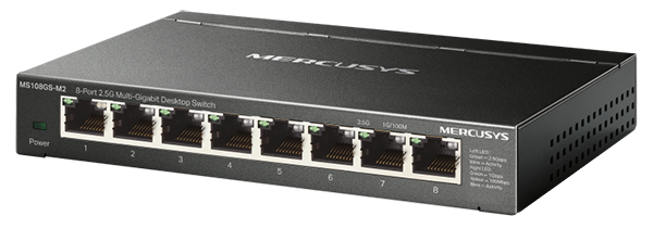 MS108GS-M2 Multi-Gigabit switch at an angle to showcase its premium design