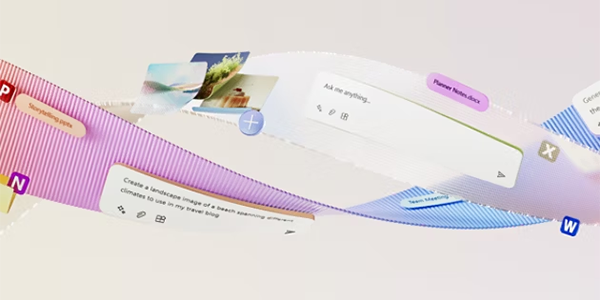 Microsoft 365 Copilot applications open illustrated in a woven artistic ribbon effect