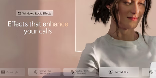 Woman with relaxed expression illustrated with an overlay of different camera filter modes to highlight Windows Studio Effects