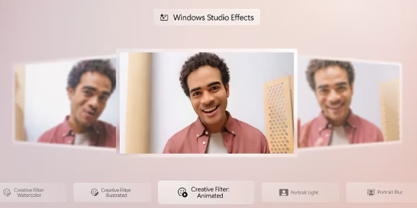 Image carousel of a smiling man with a bottom overlay of creative filters, highlighting enhanced video calls