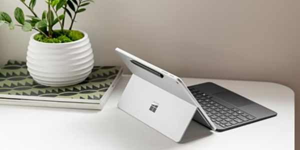 Surface Pro with optional keyboard and pen accessories attached to showcase a complete set