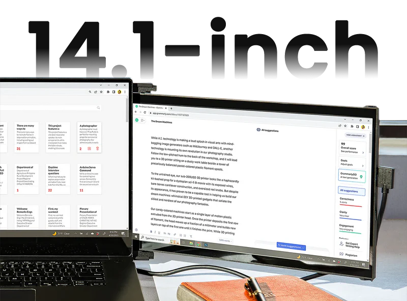 Monitor swinging out from laptop on desk with the phrase 14.1 inches hanging above