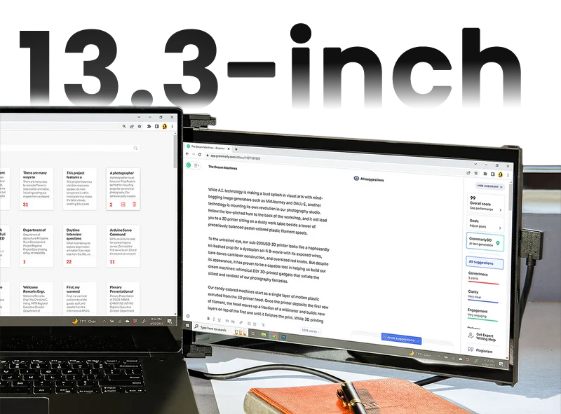 Monitor swinging out from laptop on desk with the phrase 13.3 inches hanging above