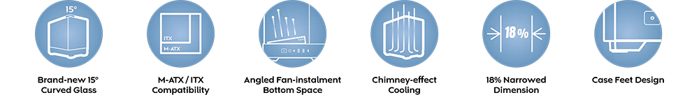 Small blue icons in a line highlighting main features of the King 15 case
