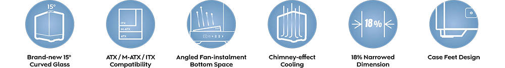 Small blue icons in a line highlighting main features of the King 45 case