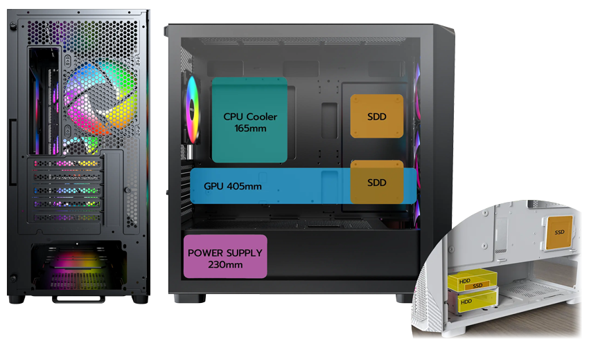 Rear and Side view of Montech X5M showing expansion slots and hardware compatibility