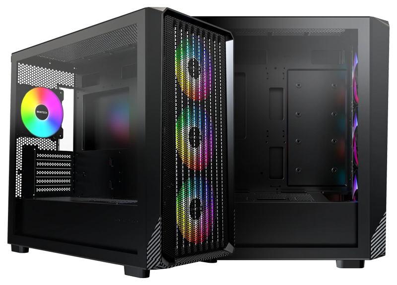 Dual Angle View of the Montech X5M showing the Tempered Glass window and Interior with ARGB Fans