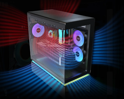 Image of the case with illustrated blue air flowing from it to showcase airflow.