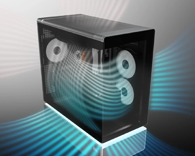 Image of the case with illustrated blue air flowing from it to showcase airflow.