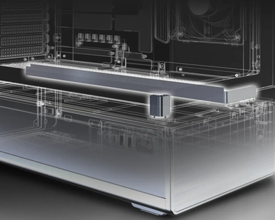 X-ray style image of the case with the load-bearing architecture highlighted in blue neon.