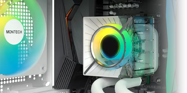 CyberFlow ARGB pump in PC chassis, attached to CPU socket on motherboard.