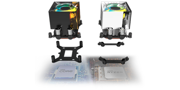 Black pump hovering over Intel Core CPU, white pump hovering over AMD Ryzen CPU.