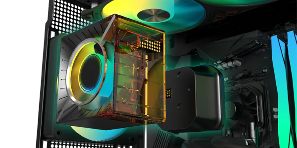 Pump internal components, exploded outwards from an open PC chassis.