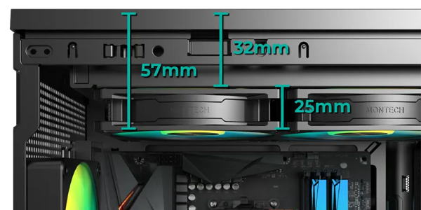 Side of case with fan installed at the top with dimensions overlaid.