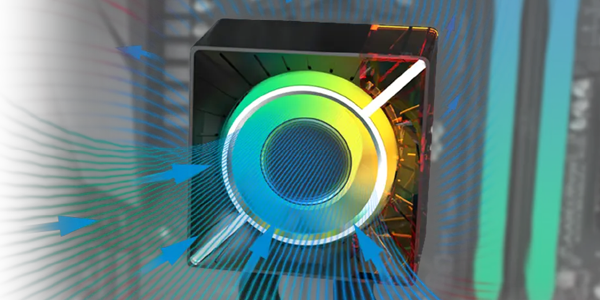 VRM fan with blue airflow arrows entering the fan.