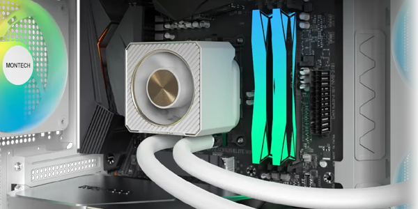 CyberFlow pump in PC chassis, attached to CPU socket on motherboard.