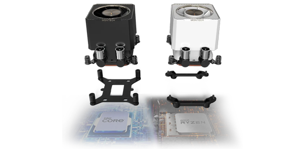Black pump hovering over Intel Core CPU, white pump hovering over AMD Ryzen CPU.
