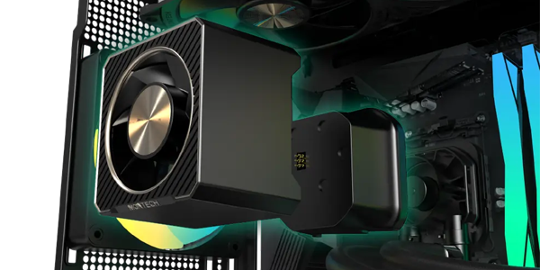 Pump internal components, exploded outwards from an open PC chassis. 