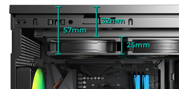 Side of case with fan installed at the top with dimensions overlaid.