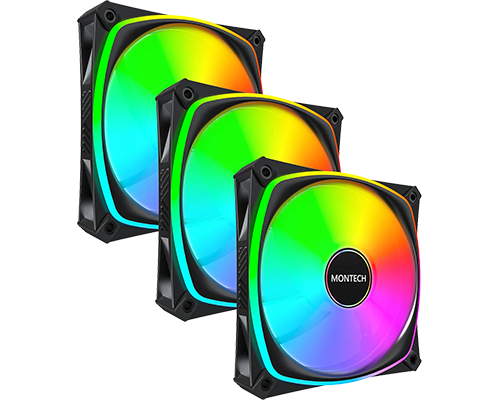 Montech RX120 Pro ARGB 120mm Black Reverse PWM Fan Triple Pack w/ Fan Hub