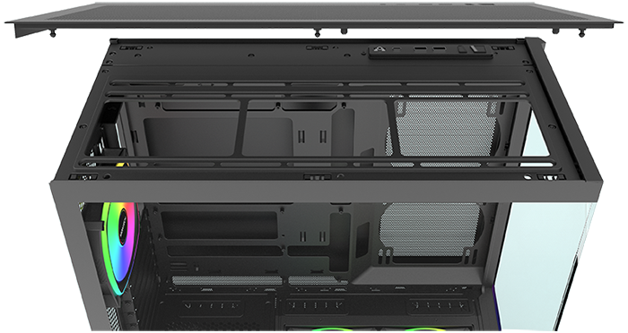 top down view of case side with top panel folding out to show radiator brackets
