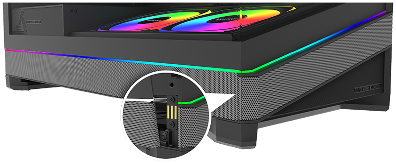 Angled view of case light stip with annotation of strip being disconnected from panel