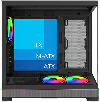 side view of case interior with motherboard compatibility boxes drawn over