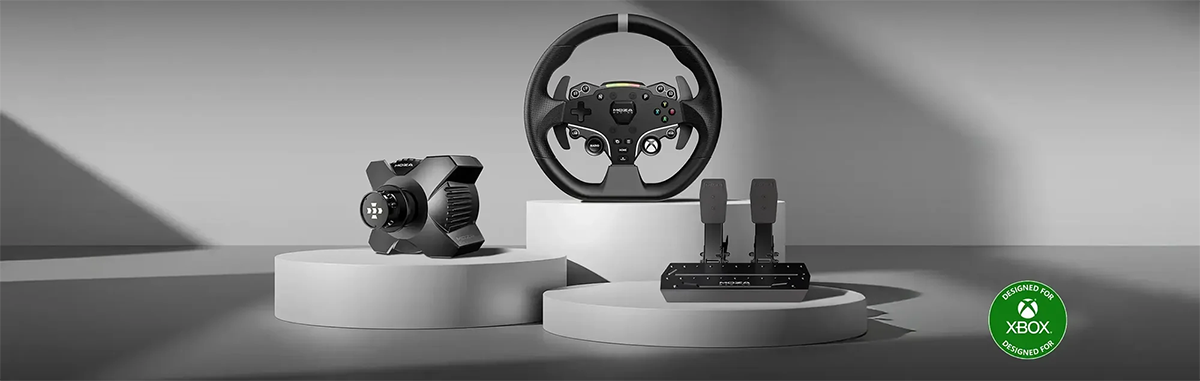 R3 wheel, motor and pedals arranged on a series of grey cylindrical podiums
