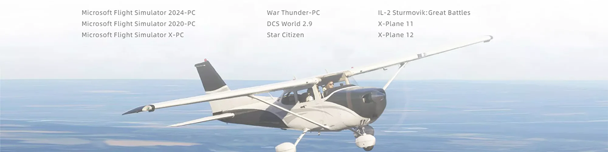 List of simulator titles above a front right angle of aircraft flying above sea, banked at an angle.