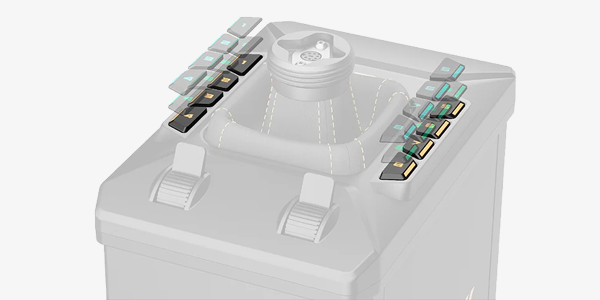 Grey rendering of simulator base with focus on fully coloured buttons.