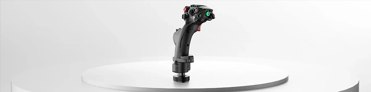 Key visual of MHG flight stick atop a white circular pedestal.