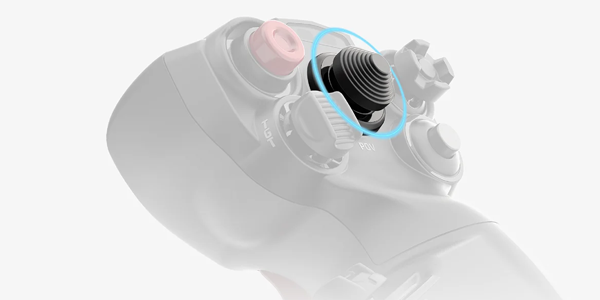 Top close-up of semi-transparent MHG flightstick with full opacity on the HAT switch.