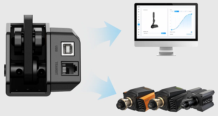 Handbrake connection ports with arrows pointing to MOZA wheel base and a monitor.