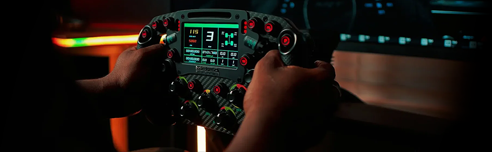 Key visual of illuminating racing wheel with hands gripping it.