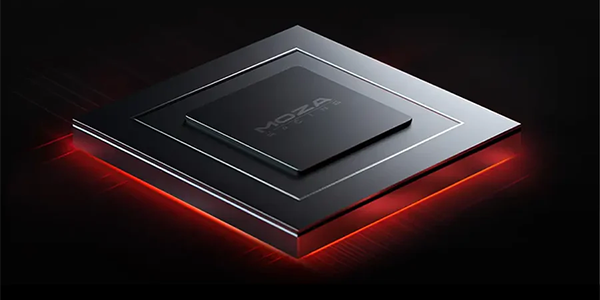 Render of MOZA RACING encoder chip with red underglow.